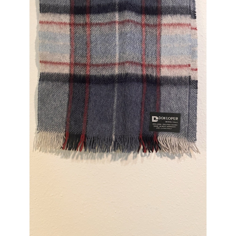 Don Loper Men's Plaid Scarf Wool Gray Red Blue 11x 50 Fringe West Germany VTG